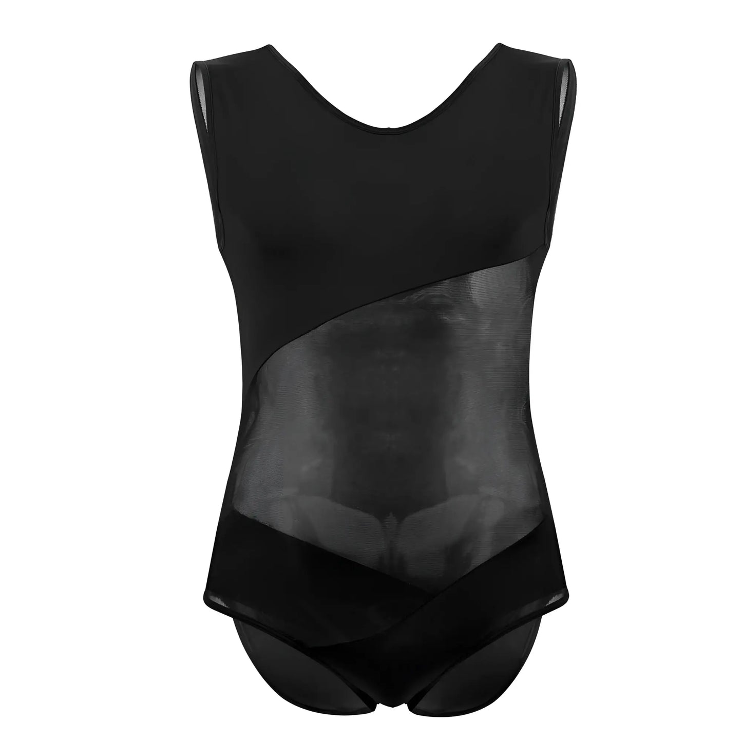 Black sleeveless PLURAL PL002 bodysuit with sheer mesh panel across the torso in lightweight fabric