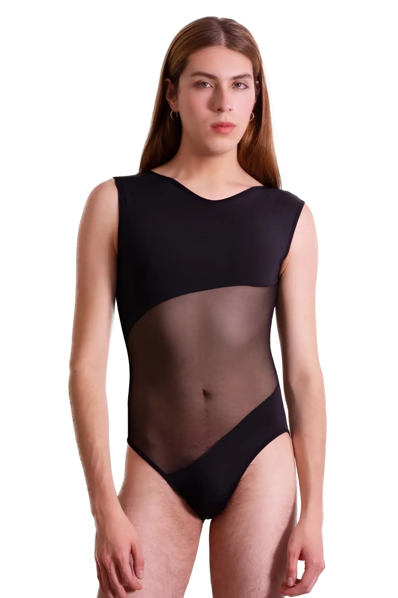 Black plural pl002 sleeveless bodysuit with sheer mesh torso panel showcasing a stylish modern design