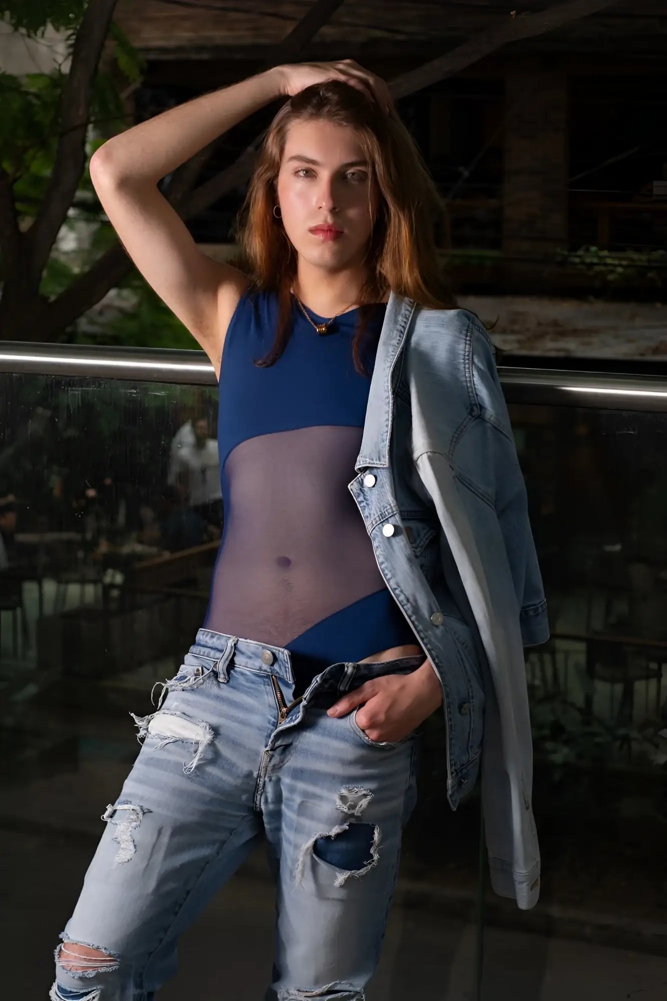 Blue plural pl002 bodysuit with mesh top paired with denim jacket and ripped jeans in a casual outfit