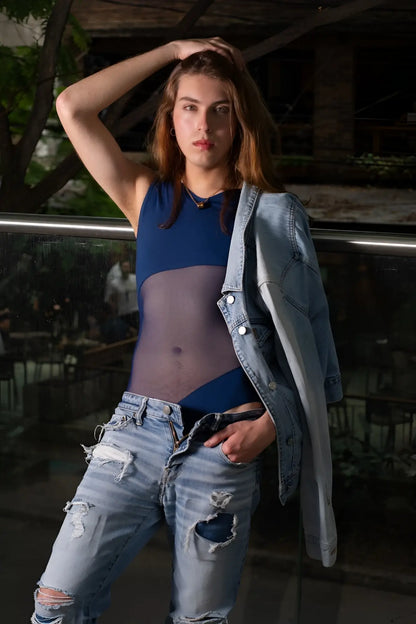Blue plural pl002 bodysuit with mesh top paired with denim jacket and ripped jeans in a casual outfit