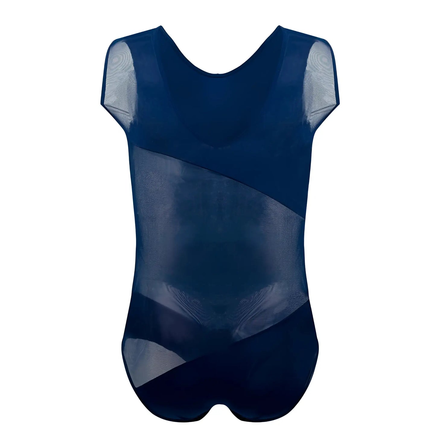 Navy blue plural pl002 bodysuit with sheer mesh panels across shoulders and torso in a leotard style