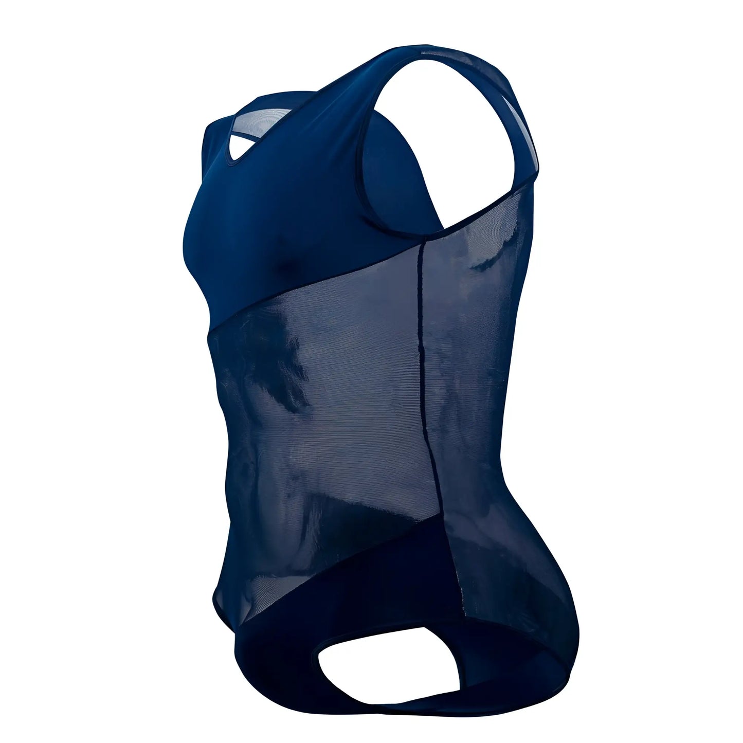 Navy blue mesh and solid fabric plural PL002 bodysuit with a cut-out back shown from the back side