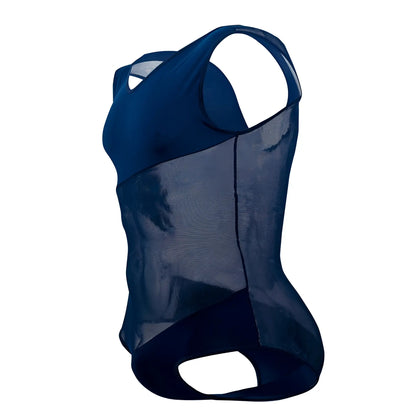 Navy blue mesh and solid fabric plural PL002 bodysuit with a cut-out back shown from the back side