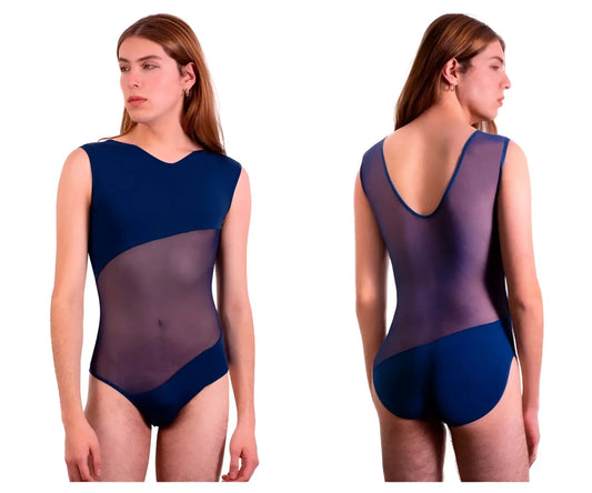 Plural PL002 bodysuit in blue features a navy and sheer purple two-tone seamless leotard with v-neck and back cutout
