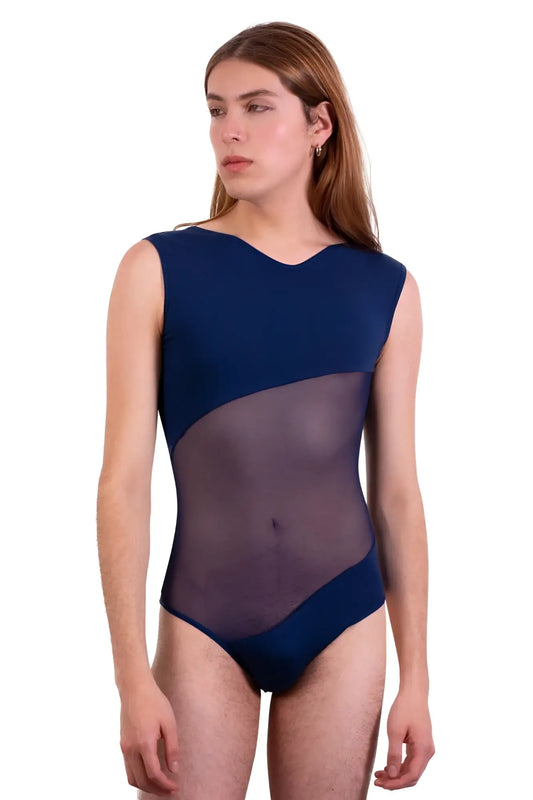 A navy blue PLURAL PL002 bodysuit sleeveless leotard with a sheer mesh panel across the torso