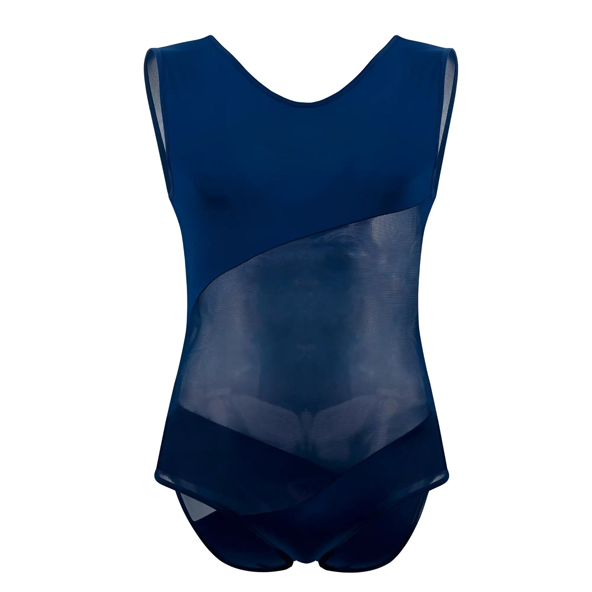 A navy blue plural pl002 sleeveless bodysuit with a sheer mesh panel across the torso