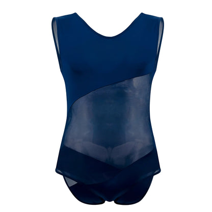 A navy blue plural pl002 sleeveless bodysuit with a sheer mesh panel across the torso