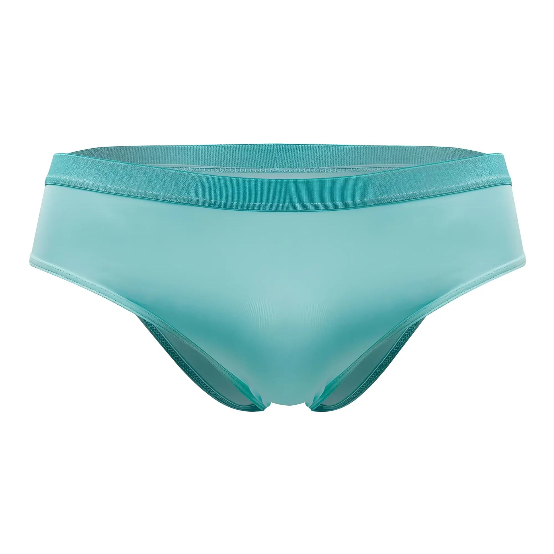 A sleek light teal satin finish bikini bottom with elastic waistband from PLURAL PL006 briefs in mint green