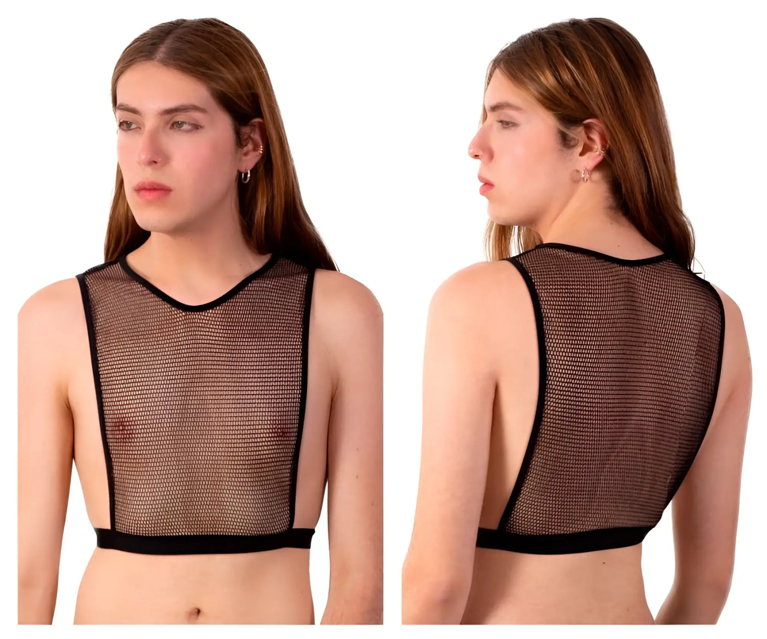 Black mesh plural pl007 crop top with high neckline and back cutout showing the back side of the top