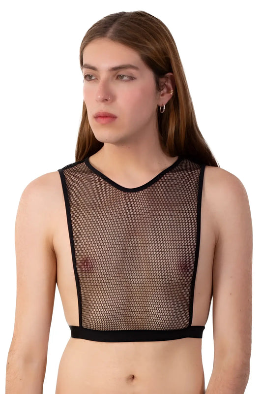 Black mesh crop top plural pl007 with round neckline and elasticated waistband for stylish casual wear
