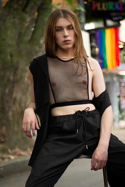 Black plural pl007 crop top with sheer black mesh fabric and fitted semi-transparent design for stylish wear