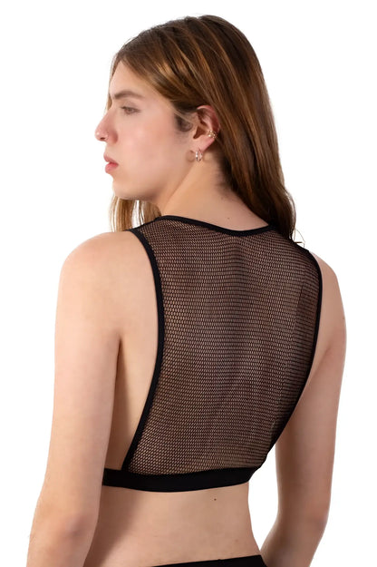 Black mesh crop top plural pl007 with sleek fitted design and solid black trim on neckline and waistband