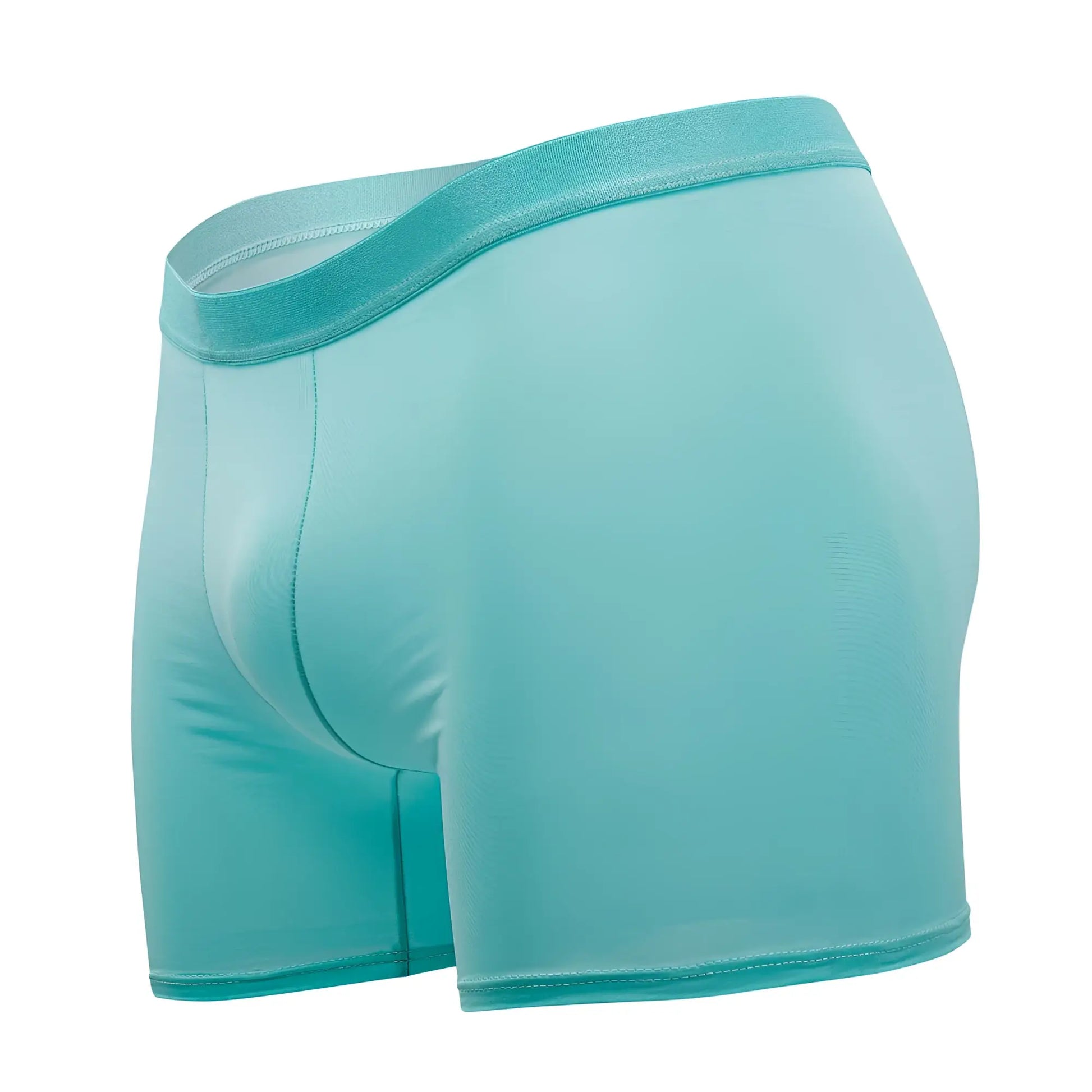 A pair of mint green plural pl008 trunks made of smooth teal fabric with a form-fitting design and elastic waistband