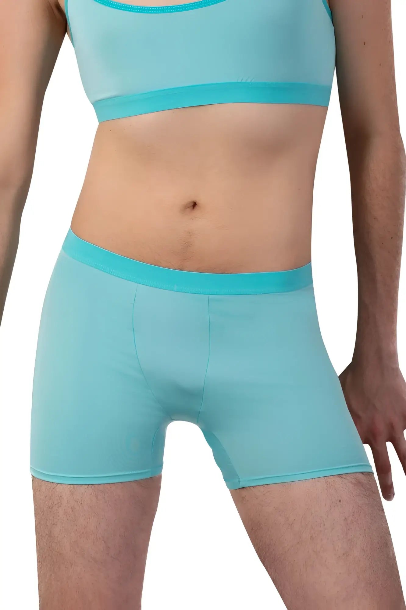 Turquoise seamless boxer briefs with matching waistband in mint green for comfortable everyday wear