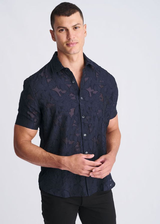 Navy blue short-sleeve button-down shirt with a sheer jacquard floral pattern.