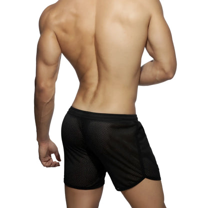 Black mesh pocket long mesh rocky athletic shorts with solid waistband for breathable sportswear