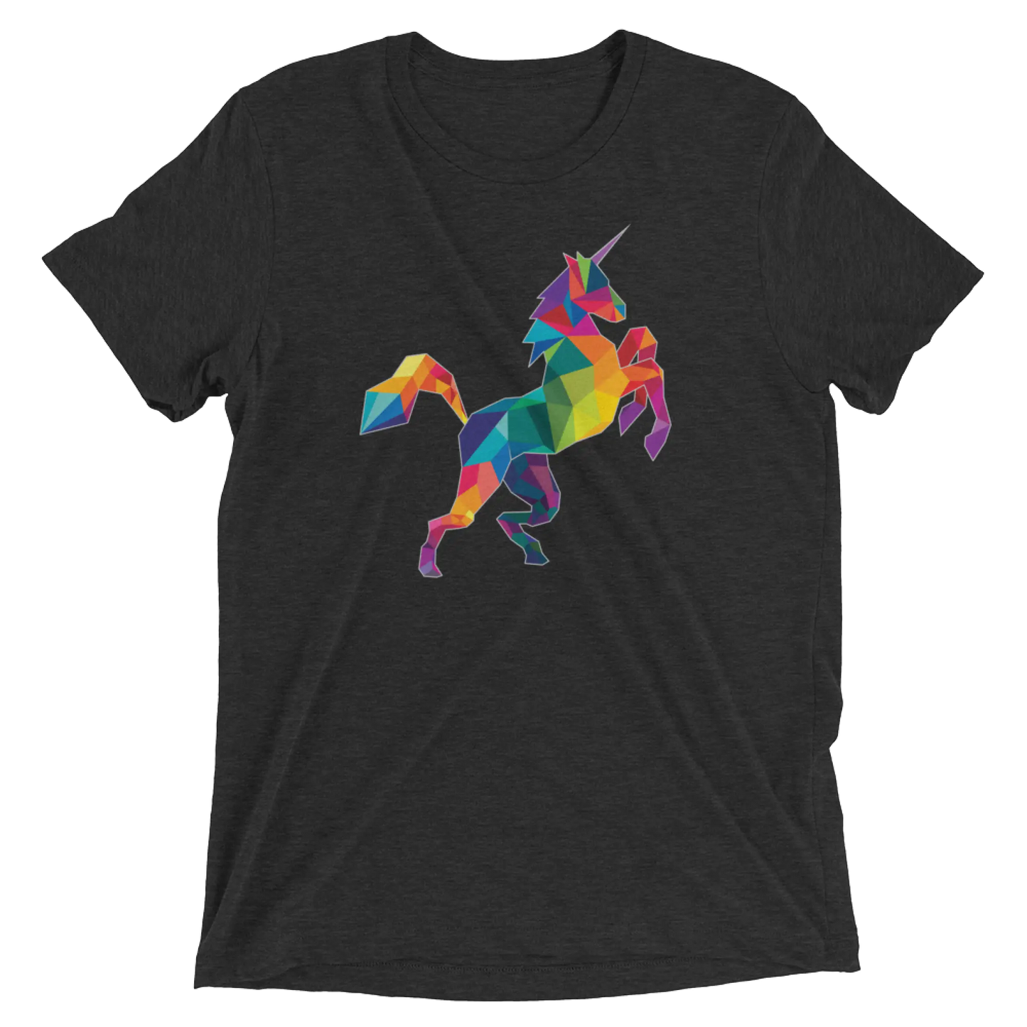 Black short-sleeved t-shirt with a vibrant geometrically stylized rainbow polygon unicorn design called polygon unicorn