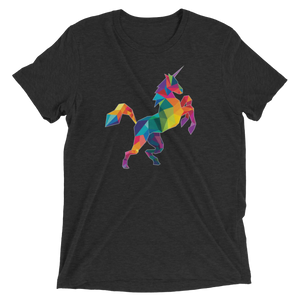 Black short-sleeved t-shirt with a vibrant geometrically stylized rainbow polygon unicorn design called polygon unicorn