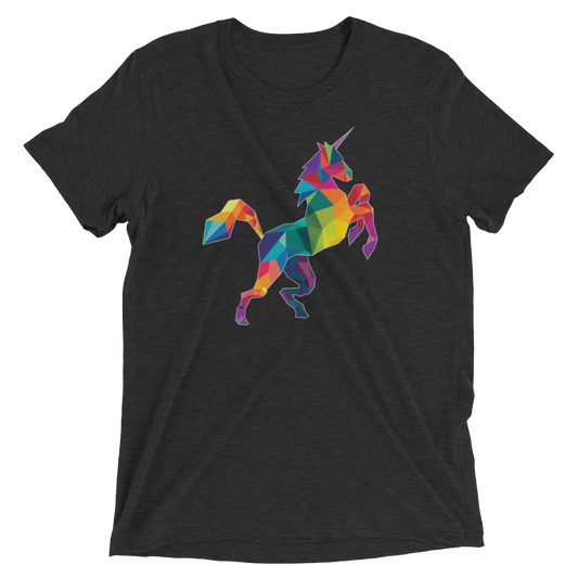 Black short-sleeved t-shirt with a vibrant geometrically stylized rainbow polygon unicorn design called polygon unicorn