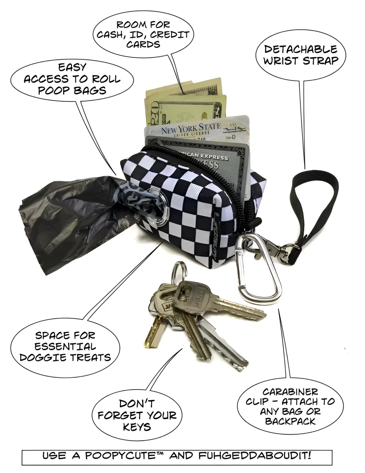 Black and white checkered poopycute doggy waste bag holder with detachable wrist strap and carabiner clip