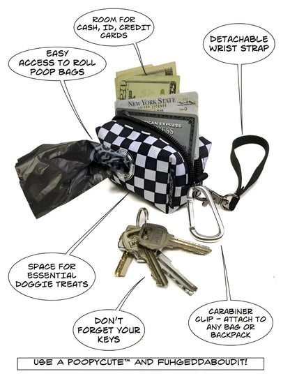 Black and white checkered poopycute doggy waste bag holder with detachable wrist strap and carabiner clip