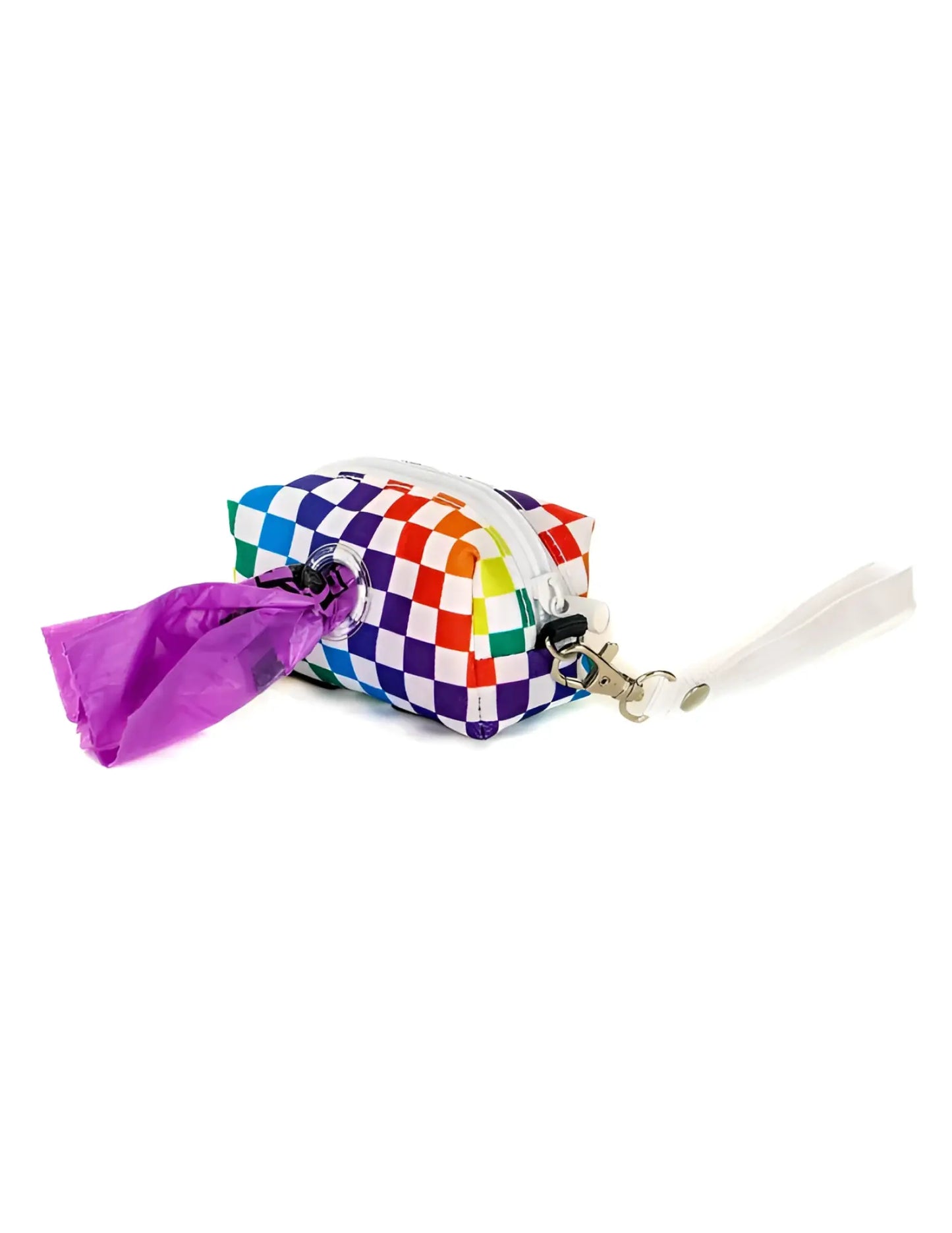 Poopy cute doggy waste bag holder with rainbow checkered dispenser, purple plastic bag, and white strap for pet waste