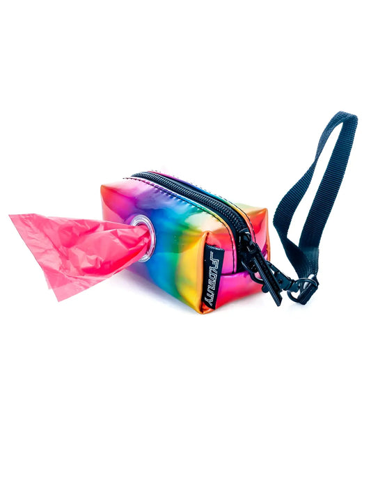 Poopy Cute doggy waste bag holder in glossy rainbow plastic with black wrist strap and zipper for pet waste disposal