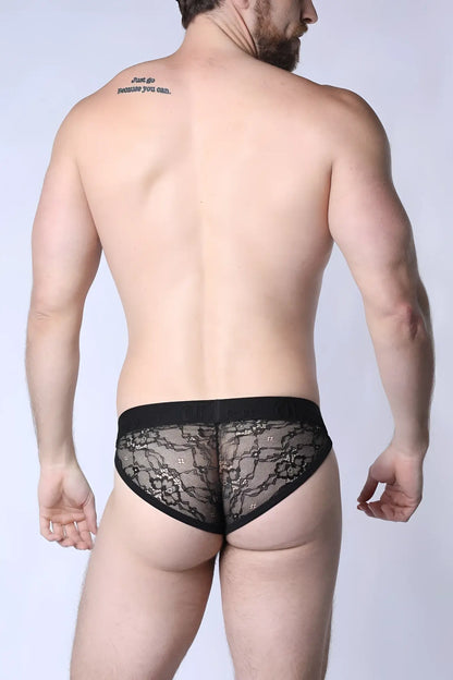 Positano bikini brief black lace briefs with sheer floral pattern and elastic waistband for comfortable fit