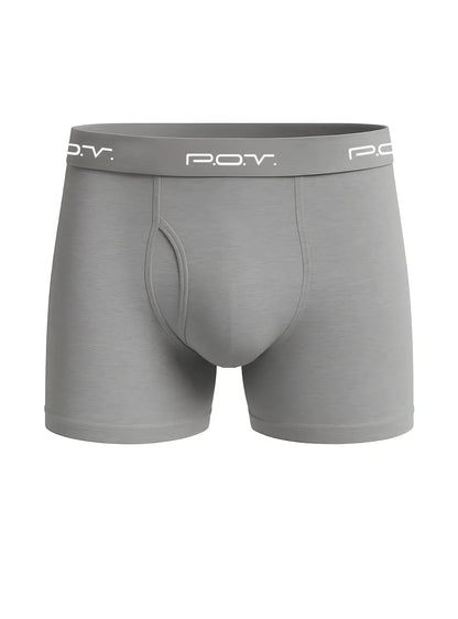 Gray pov flyfront cotton boxer showing front view made of soft breathable cotton for comfortable wear