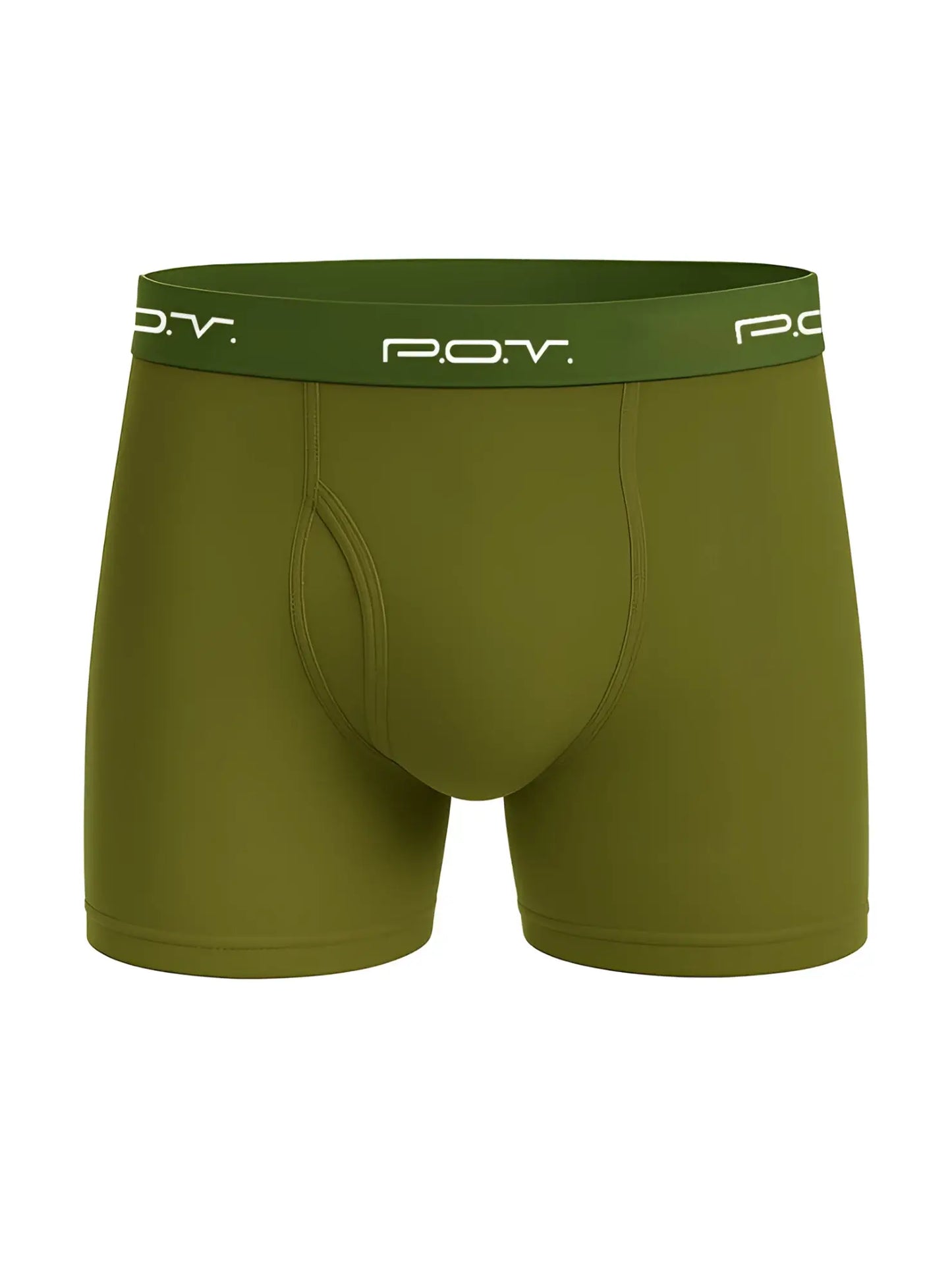 Olive green p.o.v. flyfront cotton boxer showing front view with comfortable breathable fabric and classic fit
