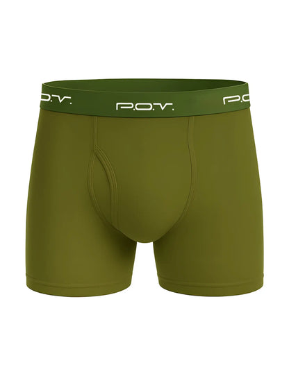 Olive green p.o.v. flyfront cotton boxer showing front view with comfortable breathable fabric and classic fit