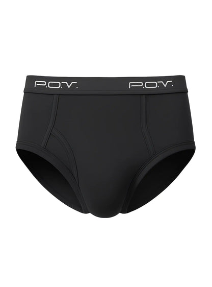 Black pov flyfront cotton brief shown from the back highlighting soft breathable fabric and comfortable fit