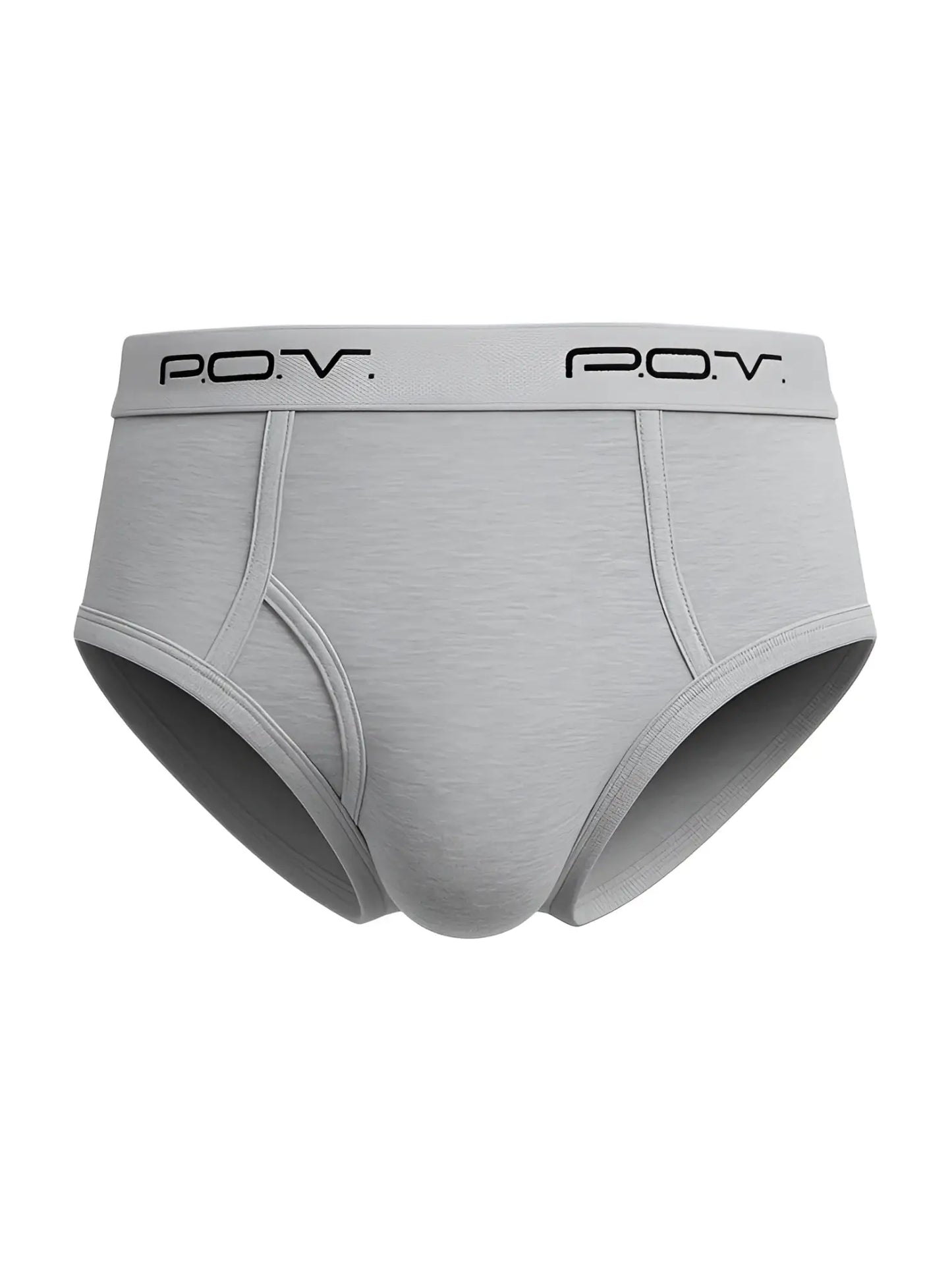 Gray men’s POV flyfront cotton brief with soft textured fabric and black branding on elastic waistband