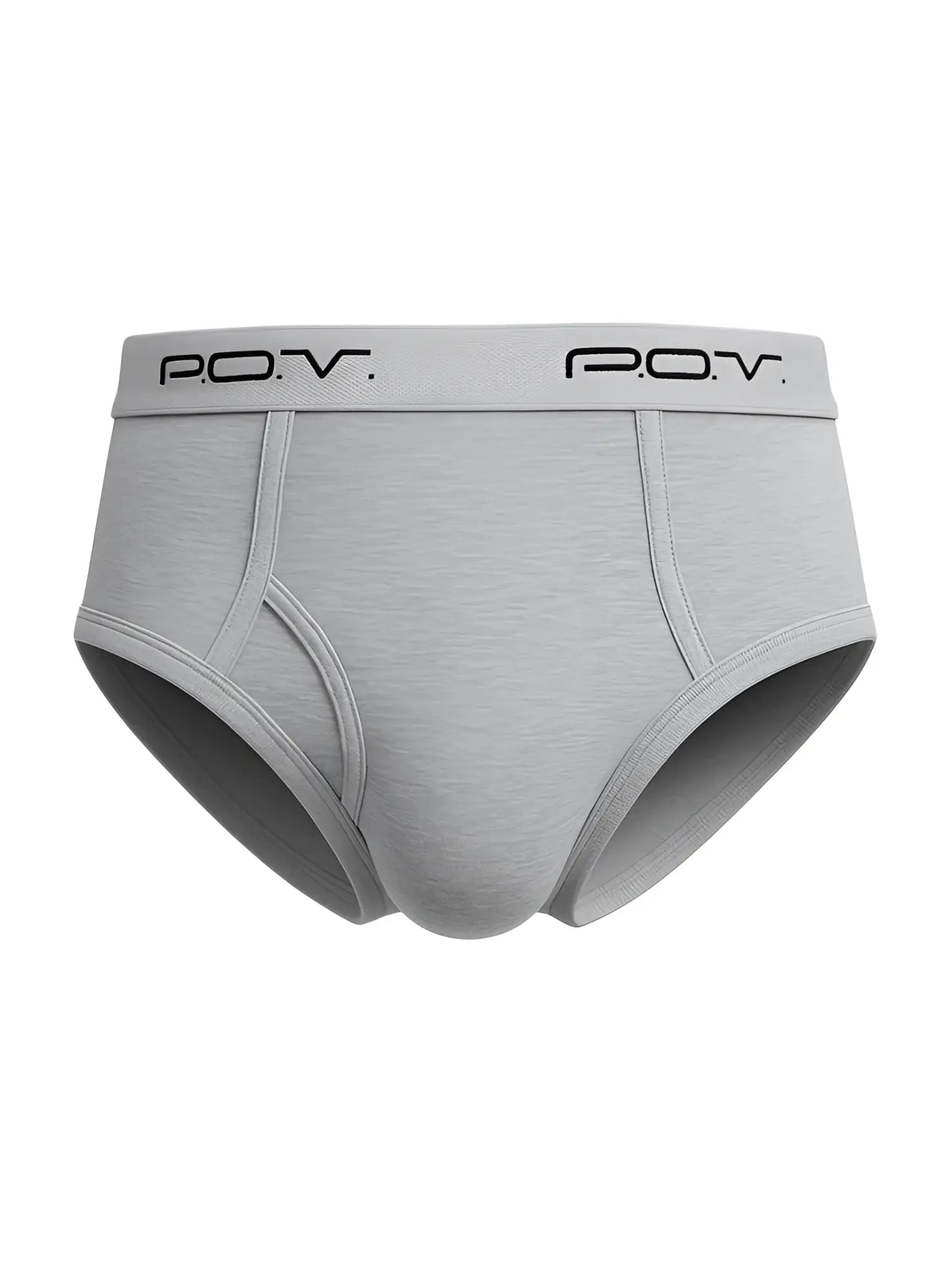 Gray men’s POV flyfront cotton brief with soft textured fabric and black branding on elastic waistband