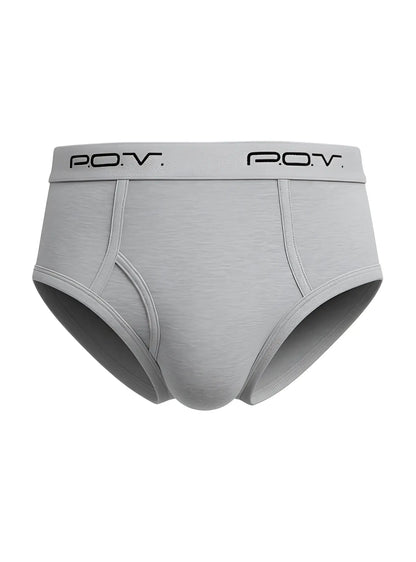 Gray men’s POV flyfront cotton brief with soft textured fabric and black branding on elastic waistband