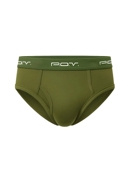 Olive green p.o.v. flyfront cotton brief showing front view with breathable soft fabric and comfortable fit