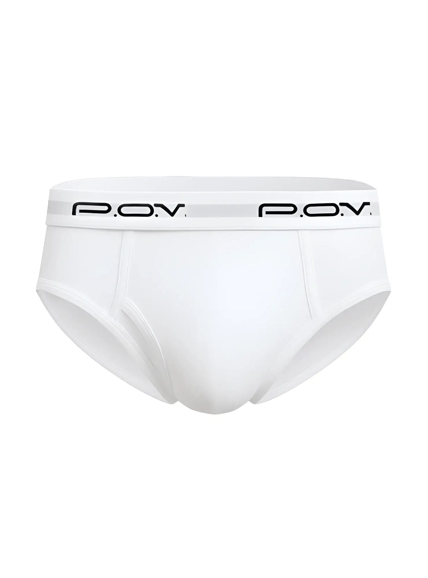 White men’s cotton briefs with ribbed texture and black pov branding on the waistband flyfront style