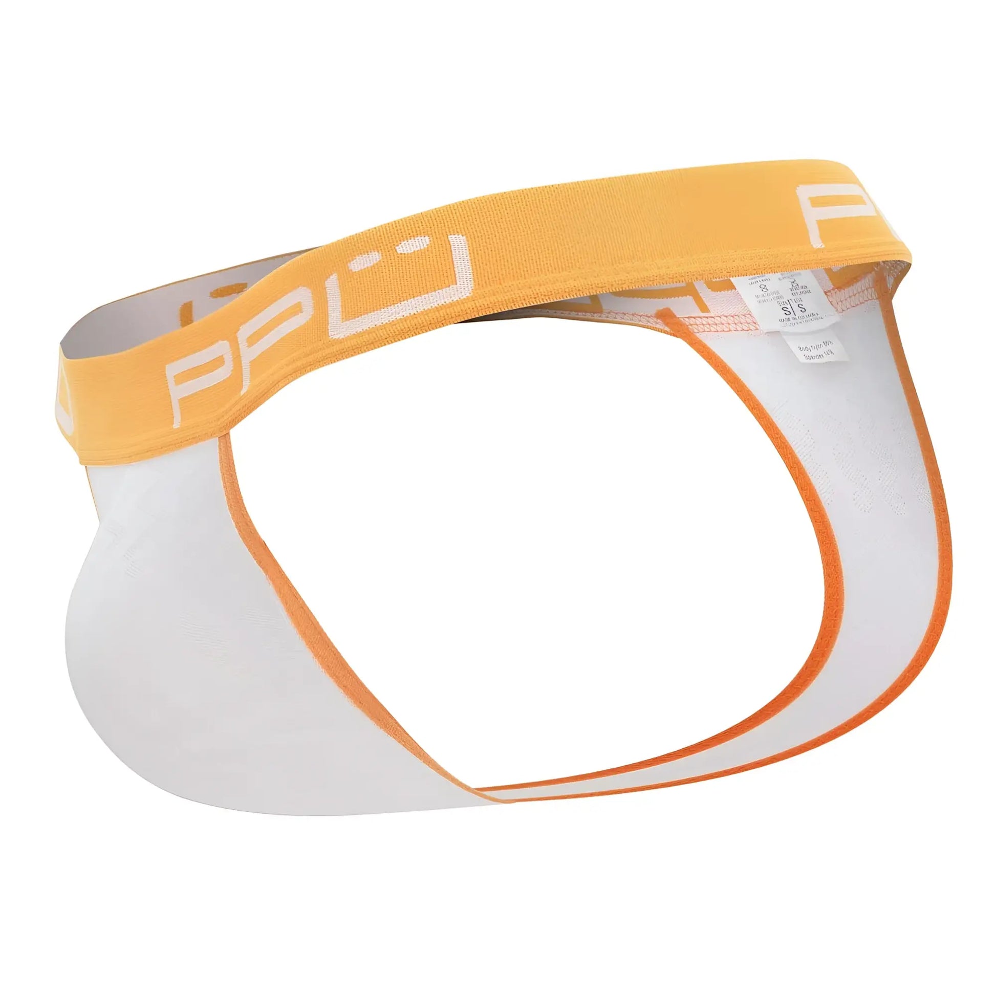 White and orange athletic briefs with bold yellow waistband featuring ppu logo in white lettering front view