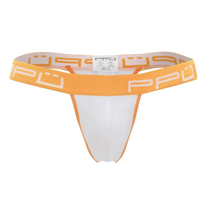 PpU 2301 bulge thong in orange and white with branded waistband designed for enhanced comfort and support