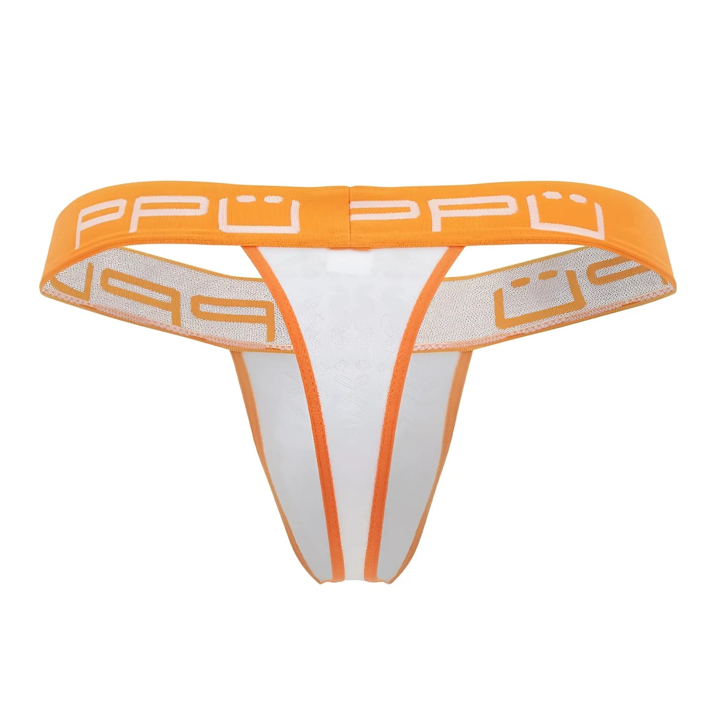 White and orange ppu 2301 bulge thong with mesh waistband featuring ppu logo in white lettering