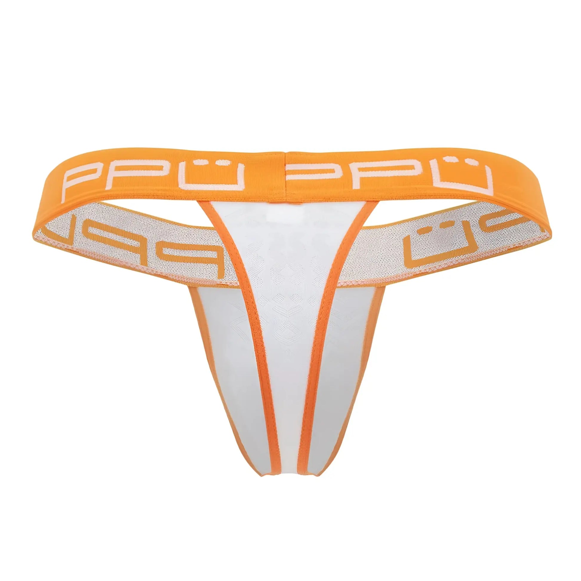 White and orange ppu 2301 bulge thong with mesh waistband featuring ppu logo in white lettering