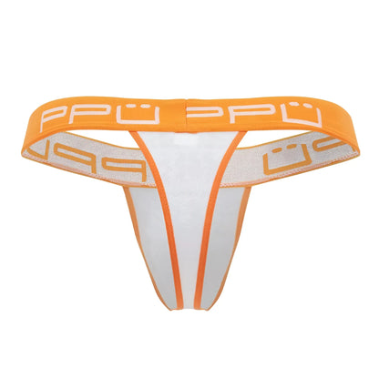 White and orange ppu 2301 bulge thong with mesh waistband featuring ppu logo in white lettering