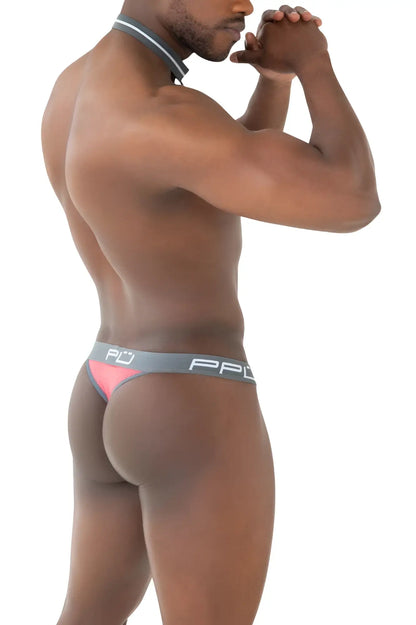 Gray and pink harness thong with ppc branded waistband in coral color perfect for stylish intimate wear