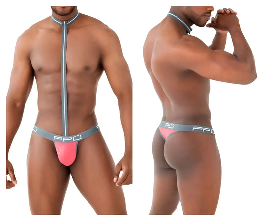 Ppu 2302 harness thong in pink and gray pfd material with coral color and central front zipper for men