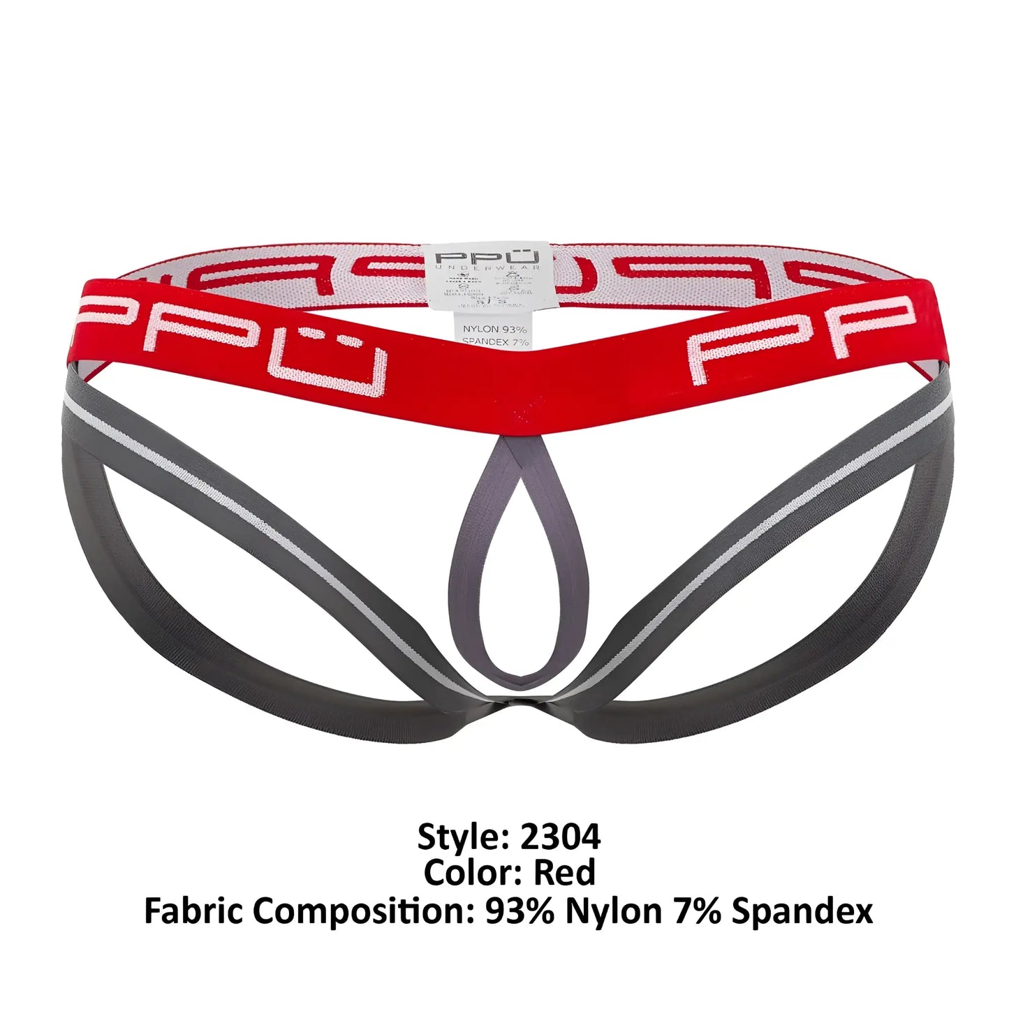 Red and gray athletic-style ball lifter jockstrap briefs with bold ppu logo on waistband in red color