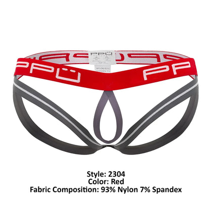 Red and gray athletic-style ball lifter jockstrap briefs with bold ppu logo on waistband in red color