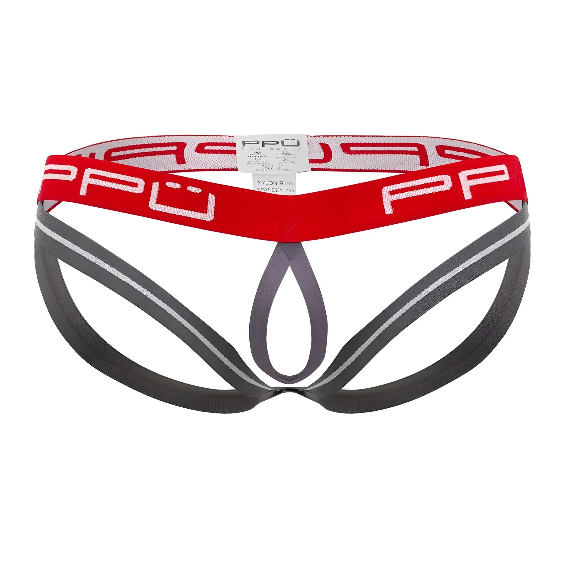 Red and gray ppu 2304 ball lifter jockstrap briefs with bold red waistband and white ppu lettering