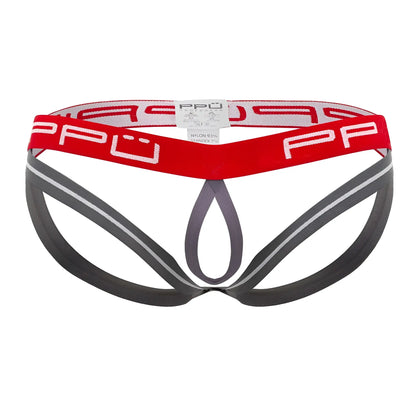 Red and gray ppu 2304 ball lifter jockstrap briefs with bold red waistband and white ppu lettering