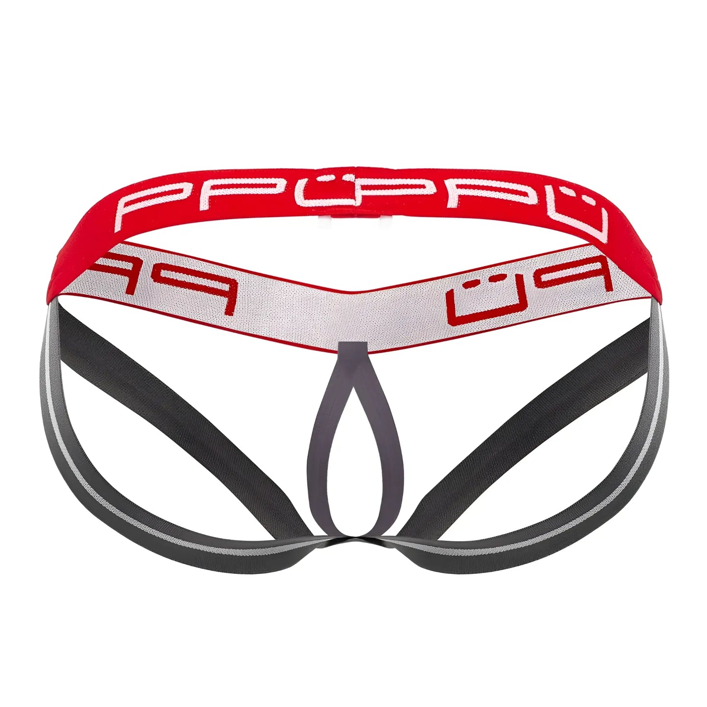 Red and gray ppu 2304 ball lifter jockstrap with bold stylized logo on waistband in men’s briefs design