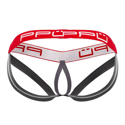 Red and gray ppu 2304 ball lifter jockstrap with bold stylized logo on waistband in men’s briefs design